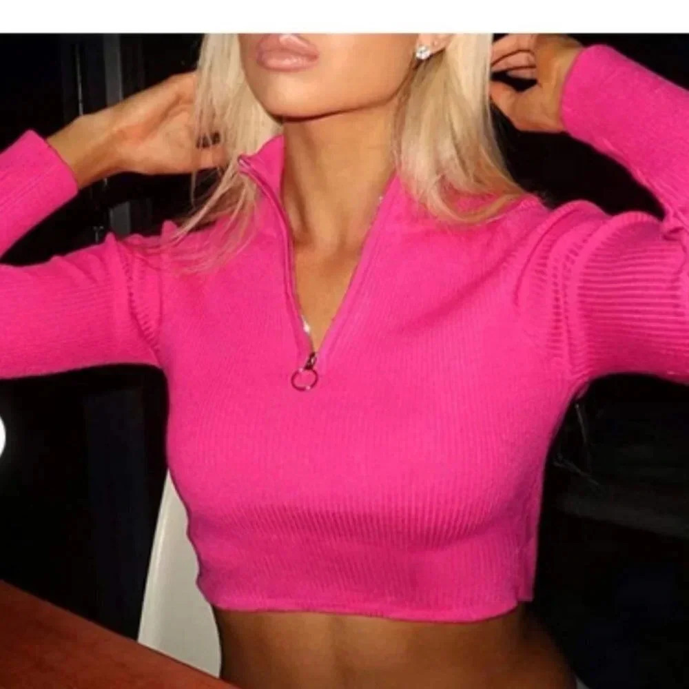 Ribbed Crop Top Baby Tee Small‎ Pink Mockneck Long Sleeve Half-Zip Neon